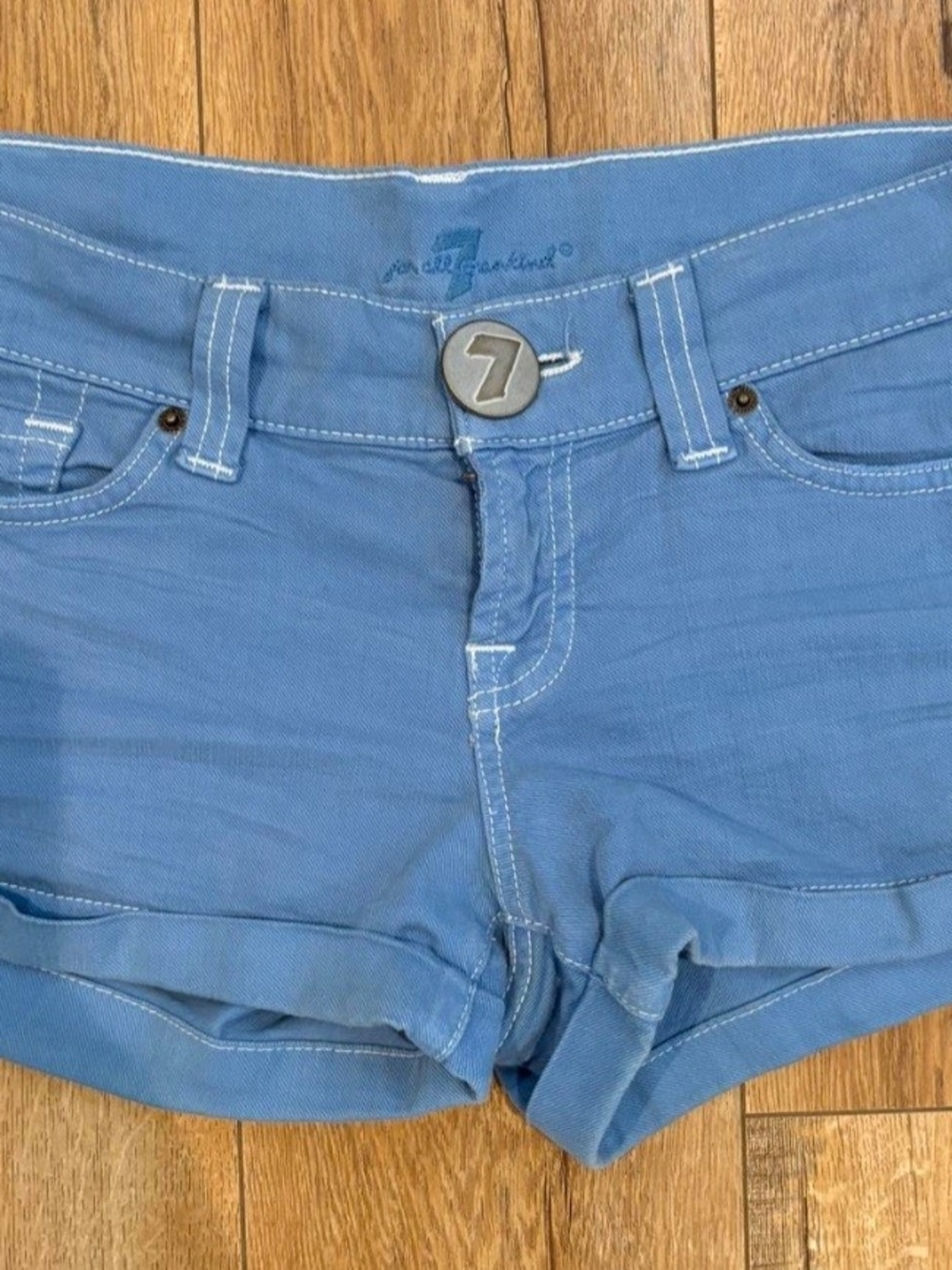 7 For All Mankind Light Blue Denim Shortie Shorts
